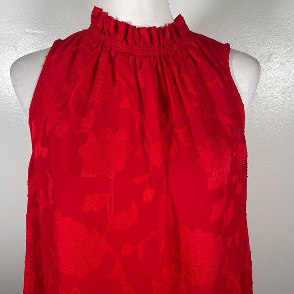 Michael Kors Blouse Top Womens Large Red Embossed Floral Shirred Neck Sleeveless - Picture 3 of 15